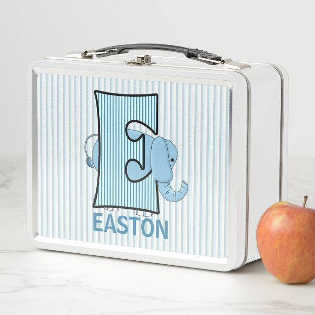 Blue Elephant Letter E Boys Striped Animal Metal Lunch Box (In Situ)