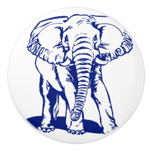 Blue Elephant Line Drawing Ceramic Knob