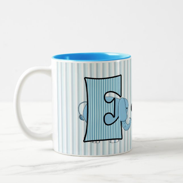 Blue Elephant Monogrammed Big E with Name Kids Two-Tone Coffee Mug (Left)