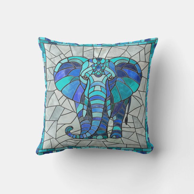 Blue Elephant mosaic art Throw Pillow (Back)