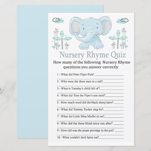 Blue elephant Nursery Rhyme Quiz baby shower game (Front/Back)