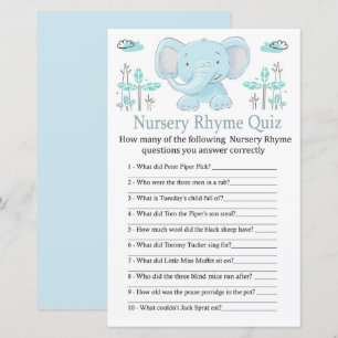 Blue elephant Nursery Rhyme Quiz baby shower game