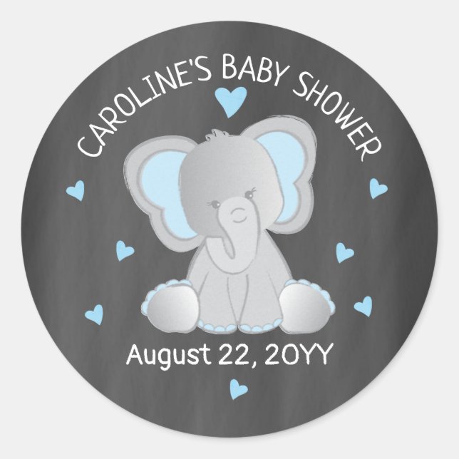 Blue Elephant on Chalkboard Baby Shower Sticker (Front)