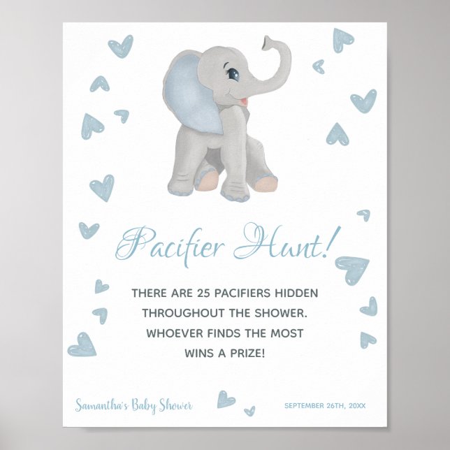 Blue Elephant Pacifier Hunt Game Baby Shower Sign (Front)