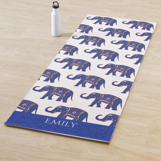 Blue Elephant Pattern Personalized Yoga Mat (In Situ)