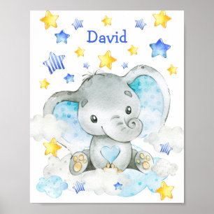 Blue Elephant Personalized Custom Nursery Boy Poster