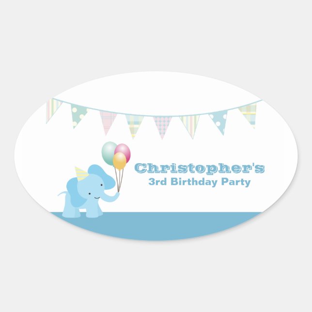 Blue elephant stripes birthday oval stickers (Front)