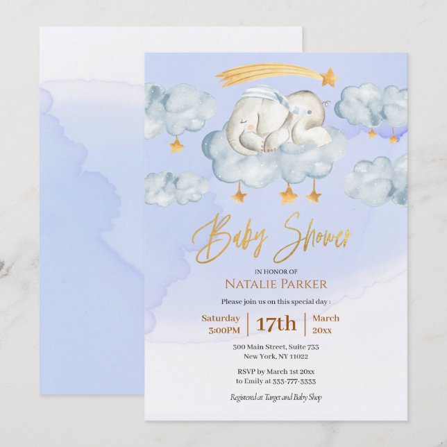 Blue Elephant Twinkle Little Star Boy Baby Shower Invitation (Front/Back)