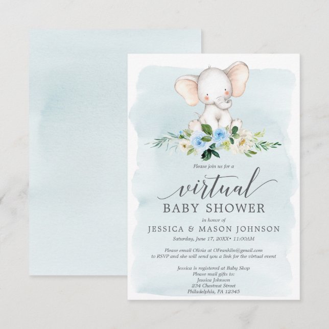 Blue Elephant Virtual Baby Shower Invitation (Front/Back)