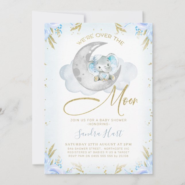 Blue Elephant We're Over The Moon Baby Shower  Invitation (Front)