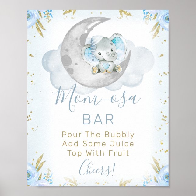 Blue Elephant We're Over The Moon Baby Shower Sign (Front)