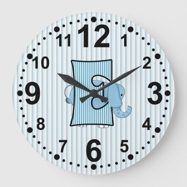 Blue Elephant with Stripes and Letter E Large Clock (Front)