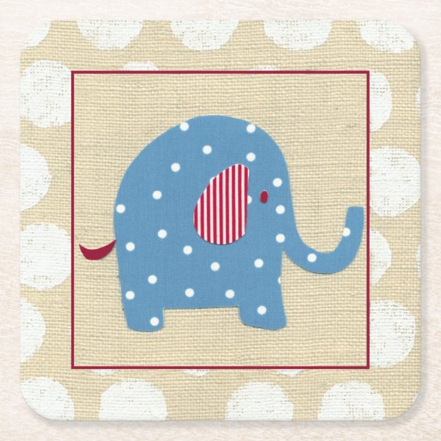 Blue Elephant with White Polka Dots Square Paper Coaster (Front)