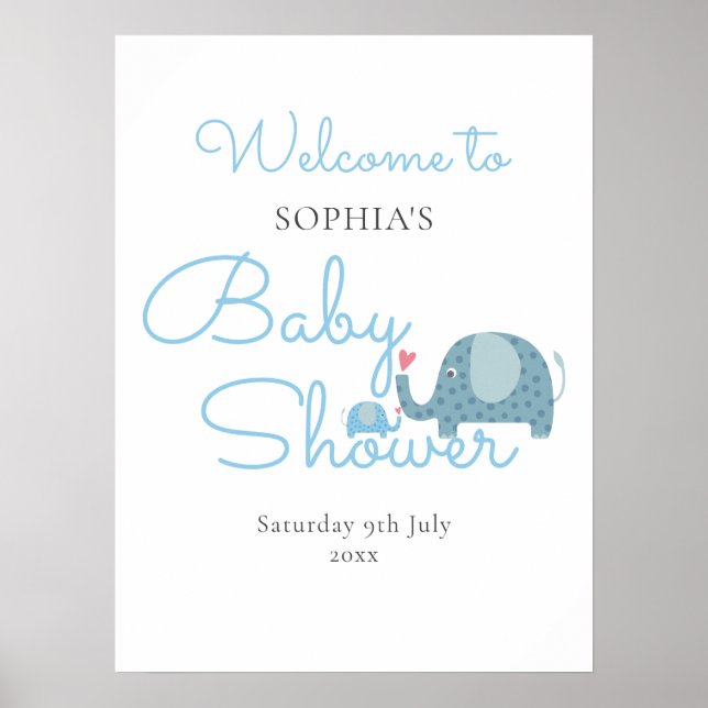 Blue Elephants Baby Boy Shower / Sprinkle Welcome Poster (Front)