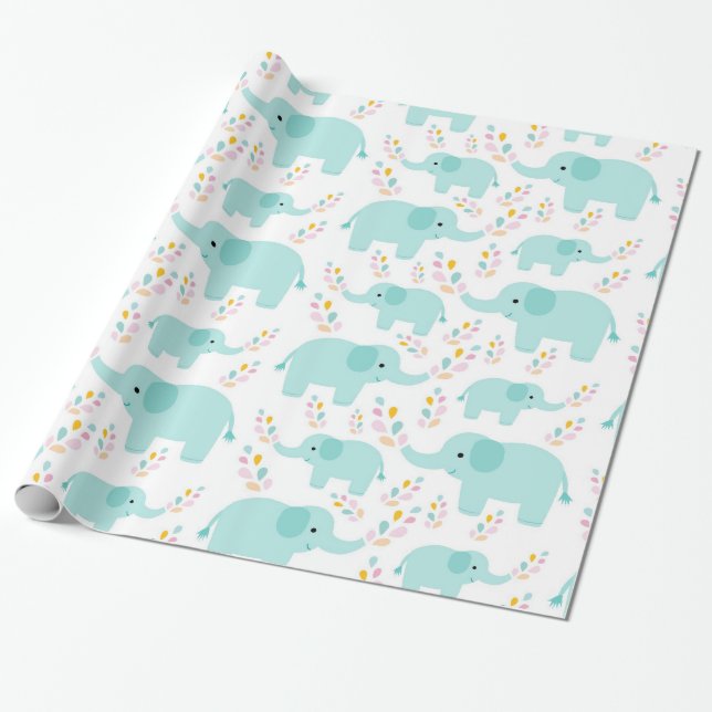 Blue Elephants Nursery Print Wrapping Paper (Unrolled)