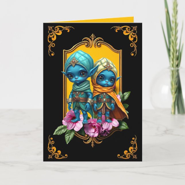 Blue Elfings Cute Blank Note Card (Front)
