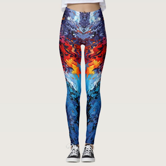 Blue Ember Blue Red Contemporary Abstract Art Leggings (Front)