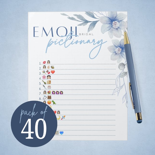 Blue Emoji Pictionary Bridal Shower Game Pack Notepad (Blue Watercolor Floral Bridal Pictionary Game Pack of 40 Games for Something Blue Bridal Shower)