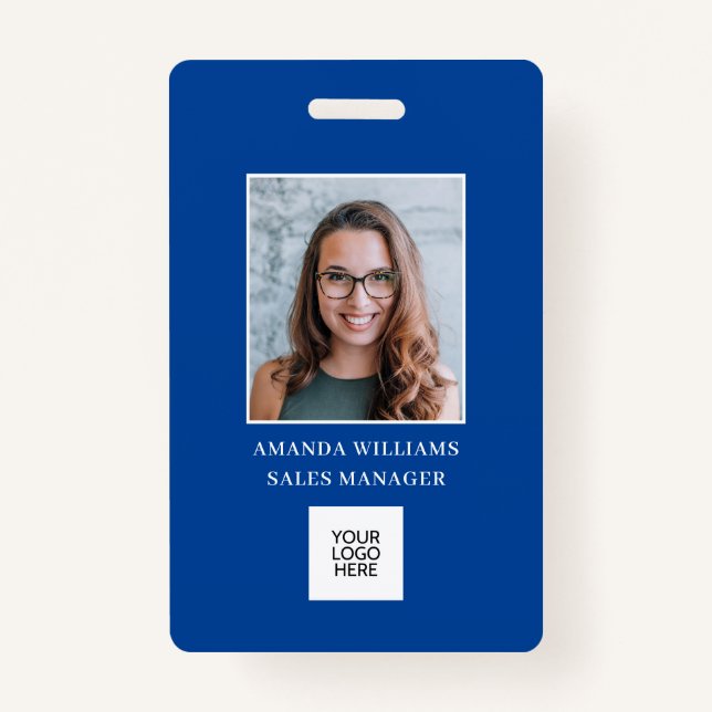 Blue Employee Photo ID Logo QR Code Badge (Front)