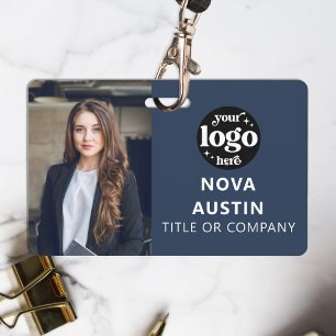 Blue Employee Photo ID With QR Code Business Logo Badge