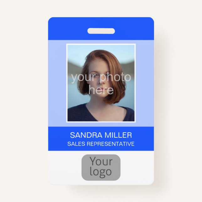 Blue, Employee Photo, Logo, Bar Code, Name, Badge (Front)