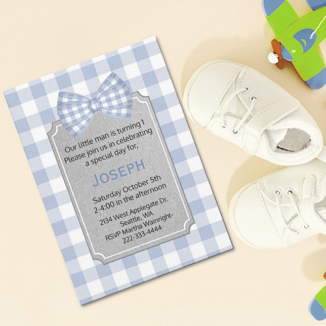 Blue En vichy Baby Boy Invitation d'anniversaire (Créateur téléchargé)
