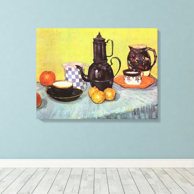 Blue Enamel Coffeepot by Vincent van Gogh Canvas Print (Insitu(Wood Floor))