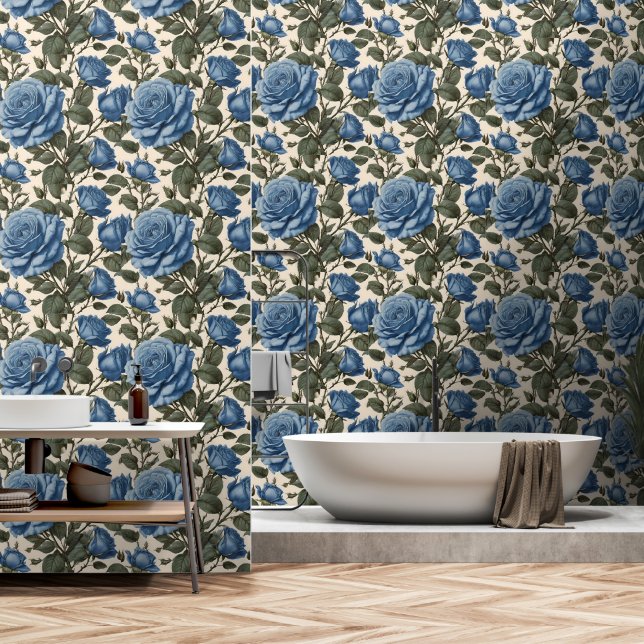 Blue English Roses, Wallpaper (Bathroom)
