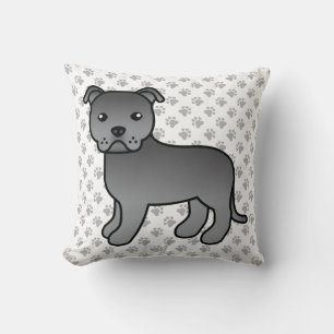 Blue English Staffie Cute Cartoon Dog & Paws Throw Pillow