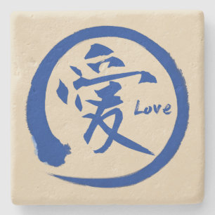 Blue enso circle   Japanese kanji symbol for love Stone Coaster