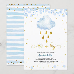 Blue et Gold Boy Raincloud Baby shower Invitation