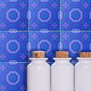 Blue Ethnic Boho Abstract Mosaic Geometric Pattern Tile