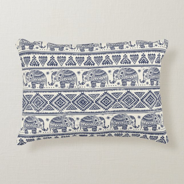 Blue Ethnic Elephant Pattern Accent Pillow (Front)