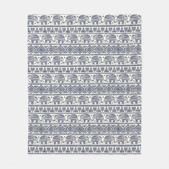 Blue Ethnic Elephant Pattern Fleece Blanket (Front)