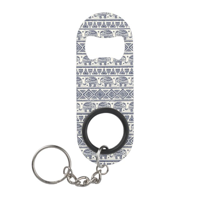 Blue Ethnic Elephant Pattern Keychain Bottle Opener (Front)