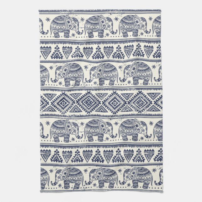 Blue Ethnic Elephant Pattern Kitchen Towel (Vertical)