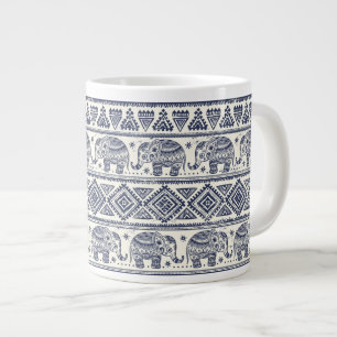 Blue Ethnic Elephant Pattern Large Coffee Mug