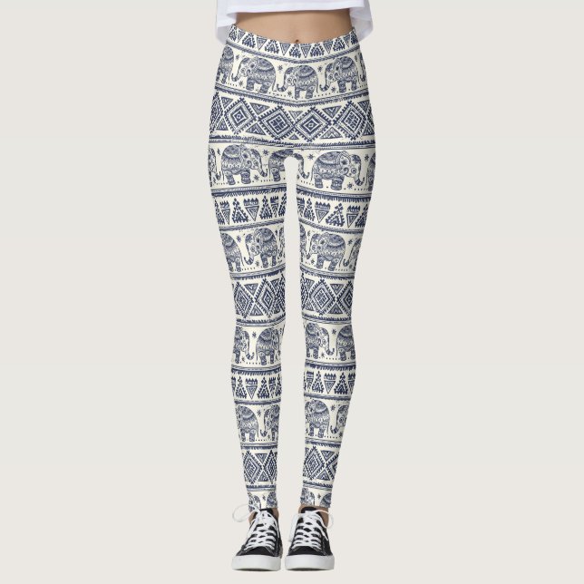 Blue Ethnic Elephant Pattern Leggings (Front)