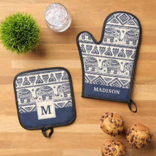Blue Ethnic Elephant Pattern Oven Mitt & Pot Holder Set