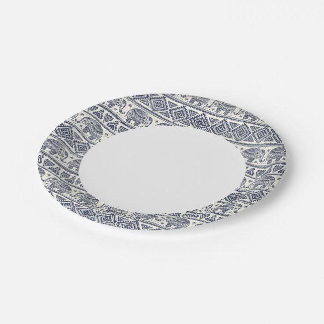 Blue Ethnic Elephant Pattern Paper Plate (Angled)
