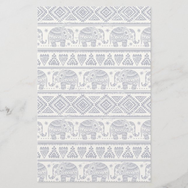 Blue Ethnic Elephant Pattern Stationery (Front)