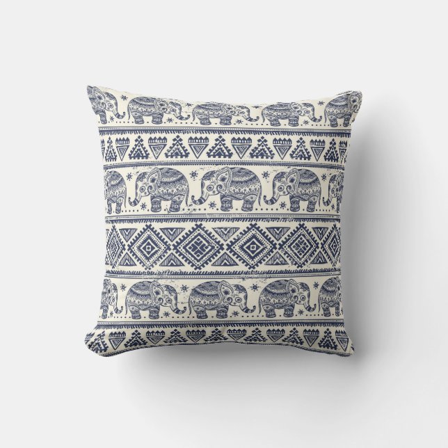 Blue Ethnic Elephant Pattern Throw Pillow (Front)