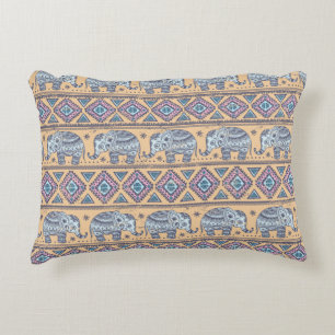 Blue Ethnic Elephant Tribal Pattern Accent Pillow