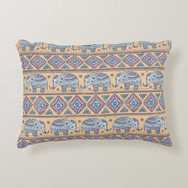 Blue Ethnic Elephant Tribal Pattern Accent Pillow (Front)