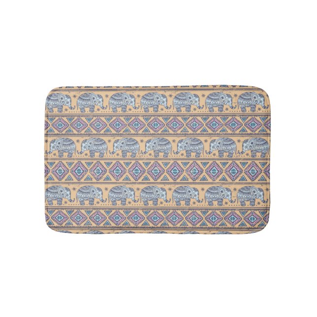 Blue Ethnic Elephant Tribal Pattern Bath Mat (Front)