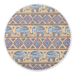 Blue Ethnic Elephant Tribal Pattern Ceramic Knob