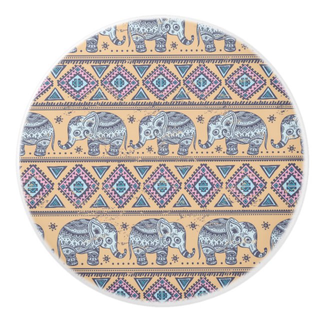 Blue Ethnic Elephant Tribal Pattern Ceramic Knob (Front)