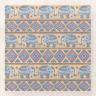 Blue Ethnic Elephant Tribal Pattern Glass Coaster