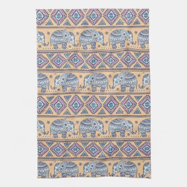 Blue Ethnic Elephant Tribal Pattern Kitchen Towel (Vertical)