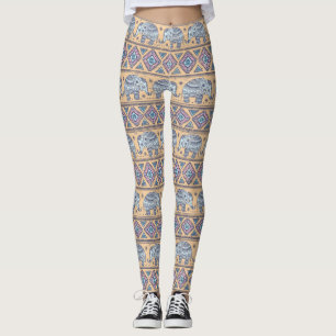 Blue Ethnic Elephant Tribal Pattern Leggings